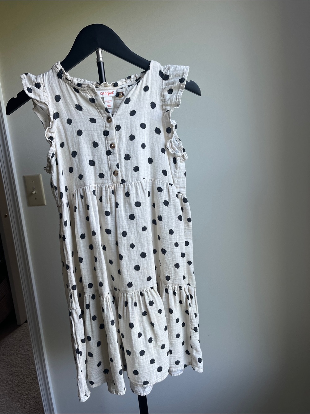 Cat & Jack Cream Dress with Black Polka Dots and Ruffle Shoulders
